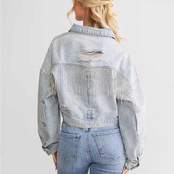 Jackets & Blazers - Rhinestone fringe denim jacket
